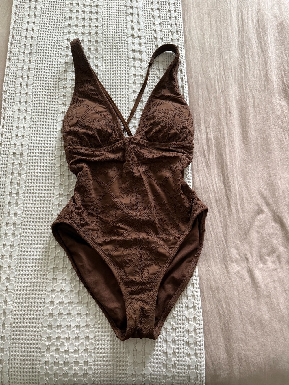NEW Shade & Shore Brown Textured One-Piece Swimsuit Size L